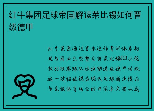 红牛集团足球帝国解读莱比锡如何晋级德甲