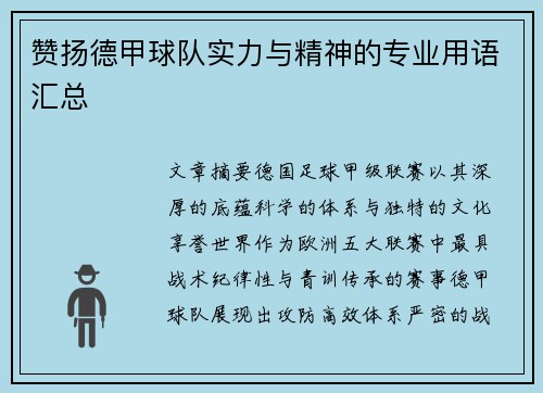赞扬德甲球队实力与精神的专业用语汇总